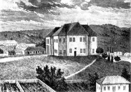 Дом наместника Бессарабии И.Н.Инзова в Кишиневе. В этом доме Пушкин прожил почти три года. Литография. 20-е года XIX века